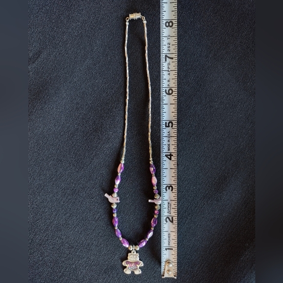 Purple Beaded Necklace with Teddy Bear Pendant - Picture 8 of 8
